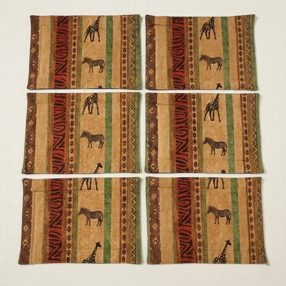 Set of 6 Safari Animal Linen Placemats Zebra Giraffe African Global Tribal Decor